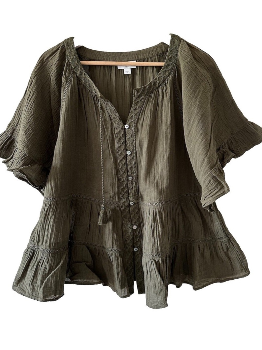 J.Jill Olive Gauze Button-Front Peasant Top